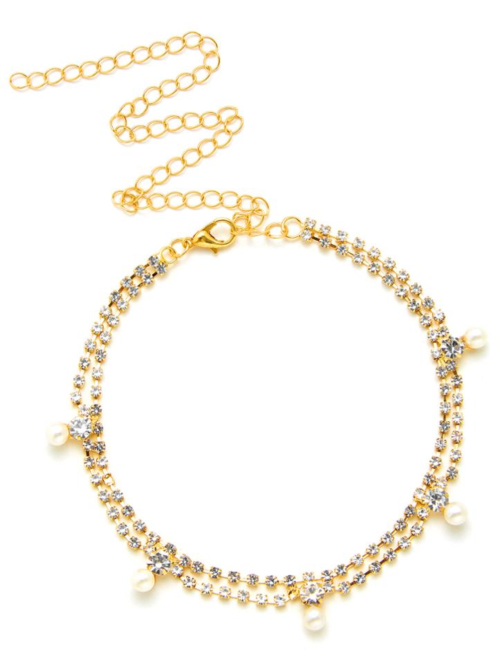 Romwe Faux Pearl & Rhinestone Design Layered Choker Necklace