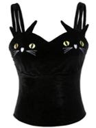 Romwe Black Cat Embroidery Velvet Strappy Top