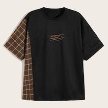 Romwe Guys Plaid Panel Tee