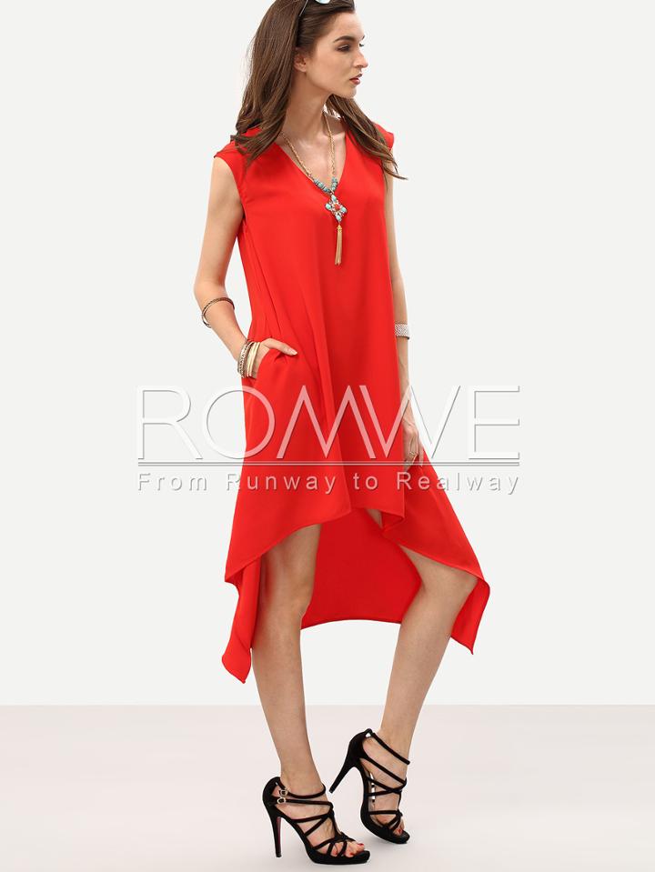 Romwe Red V Neck High Low Shift Dress