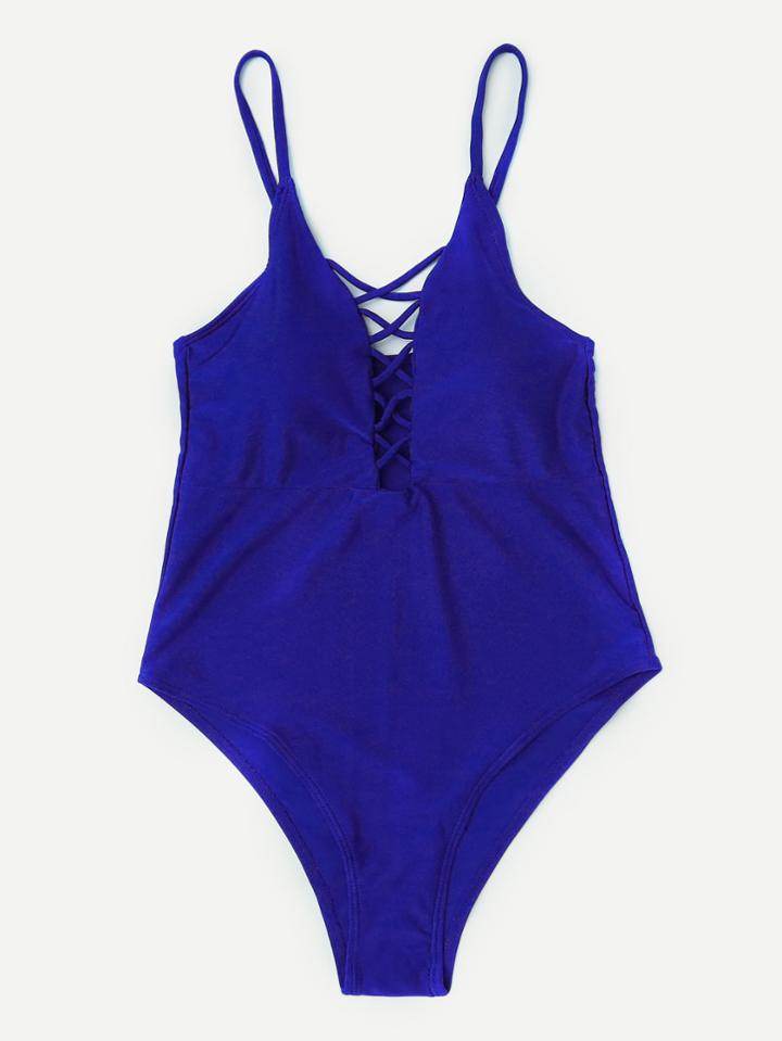 Romwe Criss Cross Plunge Neckline Swimsuit