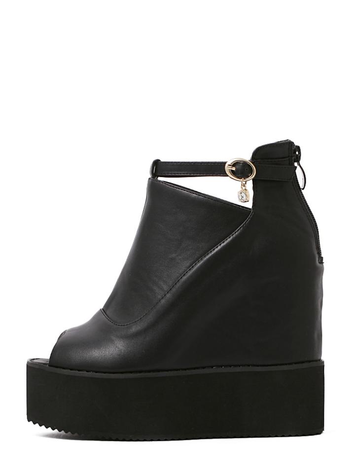 Romwe Black Open Toe Zipper Wedge Mule Sandals