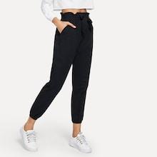Romwe Tie Waist Frill Trim Solid Pants