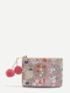Romwe Calico Embroidered Wallet With Pom Pom