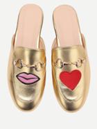 Romwe Gold Lip And Heart Embroidery Loafer Slippers