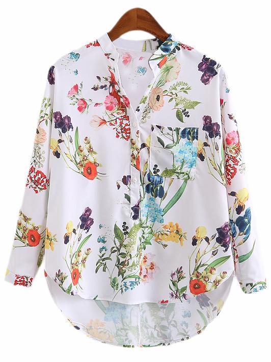 Romwe Multicolor V Neck Dip Hem Floral Print Blouse