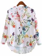 Romwe Multicolor V Neck Dip Hem Floral Print Blouse