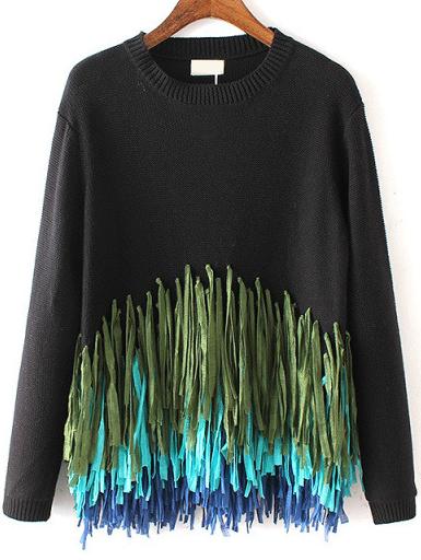 Romwe Black Crew Neck Fringe Hem Sweater