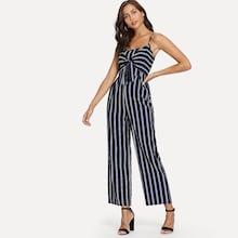 Romwe Striped Knot Front Cami Jumpsuit