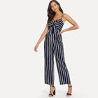 Romwe Striped Knot Front Cami Jumpsuit