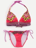 Romwe Pink Flower Print Ring Accent Bikini Set