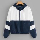 Romwe Cut And Sew Drawstring Zip-up Hooded Jacket