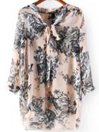 Romwe Tie Neck Floral Loose Blouse
