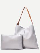 Romwe Light Grey Pebbled Faux Leather Tote Bag With Clutch