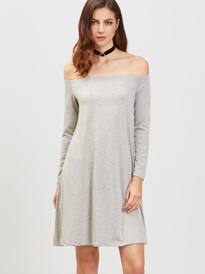 Romwe Grey Off The Shoulder Long Sleeve Tee Dress