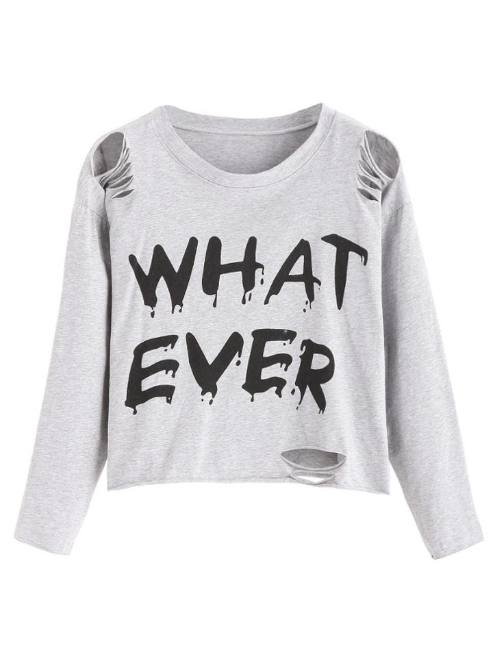 Romwe Light Grey Letter Print Distressed Crop T-shirt