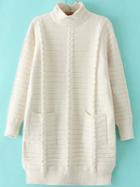 Romwe Turtleneck Cable Knit White Sweater Dress With Pockets