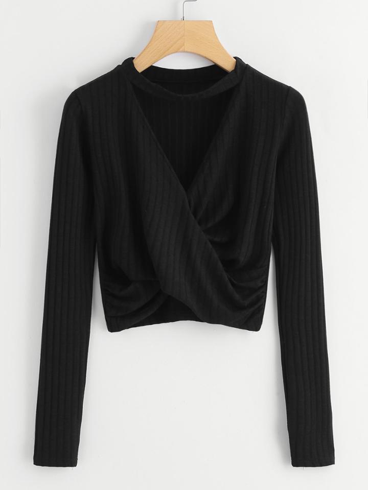 Romwe V Cut Cross Front Crop Tee