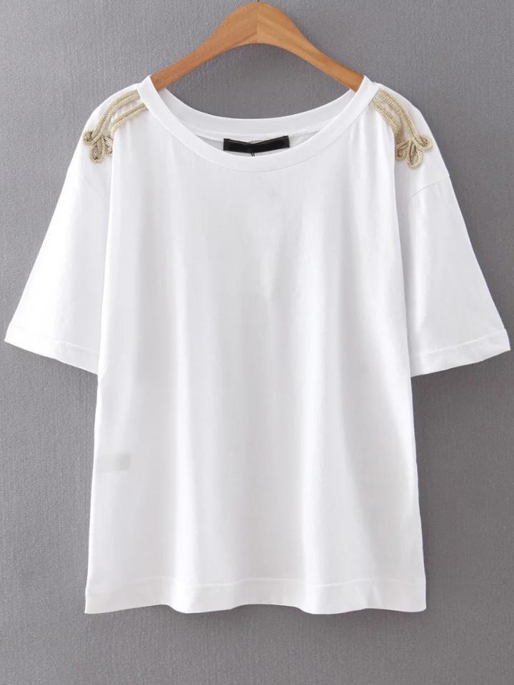 Romwe White Rope Embellished Shoulder T-shirt
