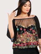 Romwe Trumpet Sleeve Embroidered Mesh Bardot Top