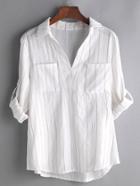 Romwe White Vertical Striped Roll Tab Sleeve Blouse