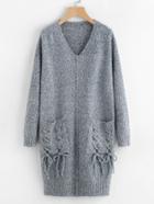 Romwe Lace Up Pocket Front Slit Marled Sweater Dress