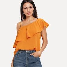 Romwe Ruffle Asymmetrical Neck Solid Top