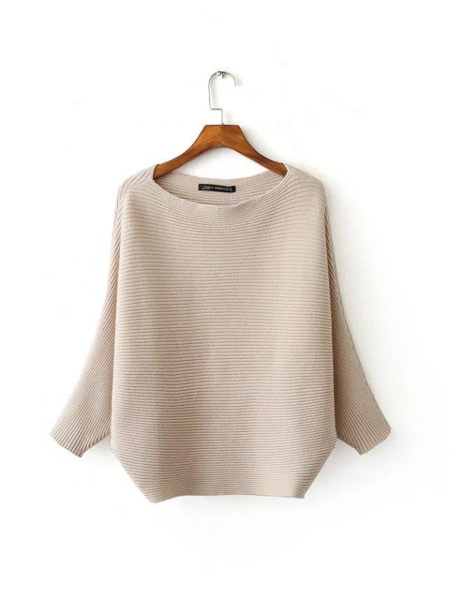 Romwe Beige Striped Batwing Sleeve Sweater