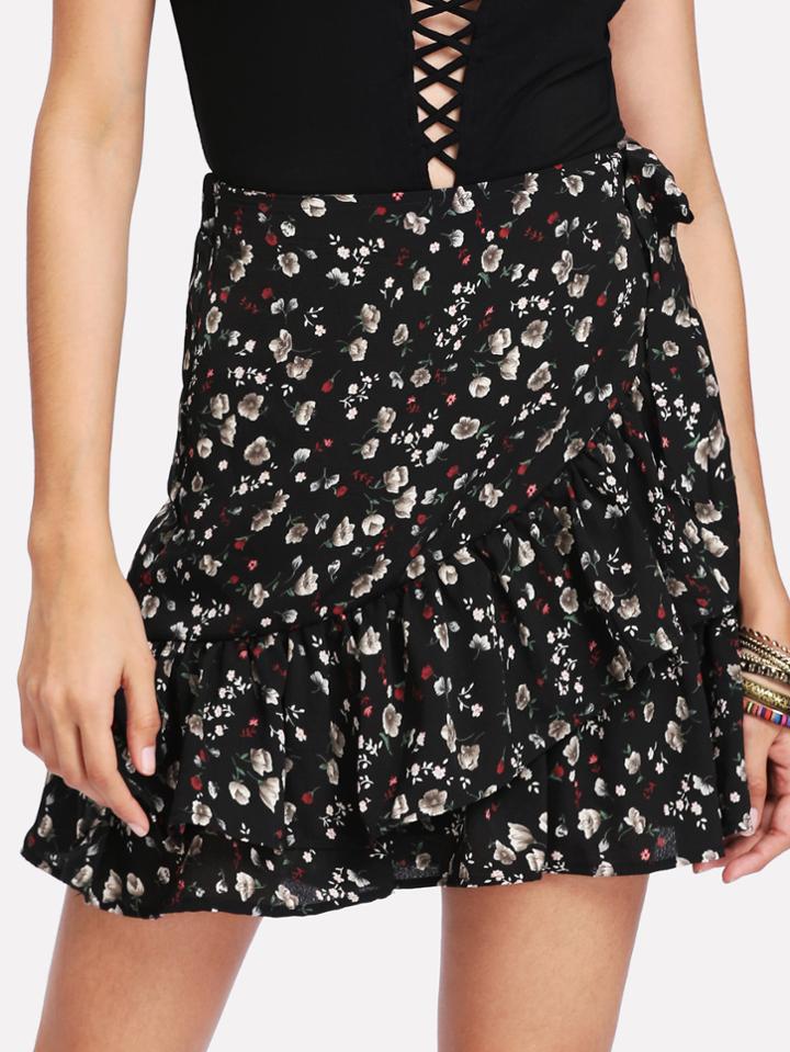 Romwe Tiered Ruffle Trim Wrap Skirt