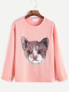 Romwe Pink Cat Print Cuffed T-shirt