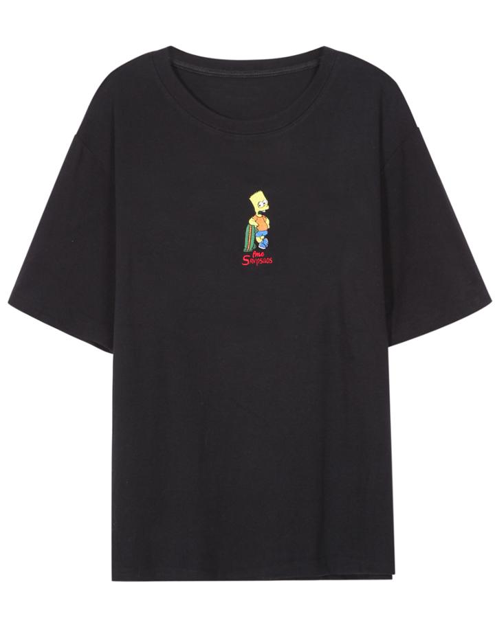 Romwe Dip Hem Simpson Embroidered Black T-shirt