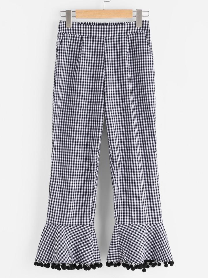 Romwe Side Zip Pom Pom Flare Hem Checkered Pants