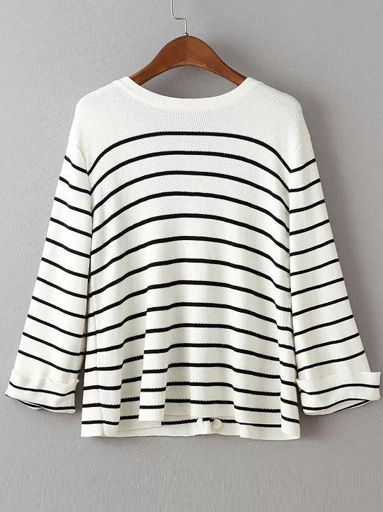 Romwe White Eyelet Lace Up Back Striped Knitwear