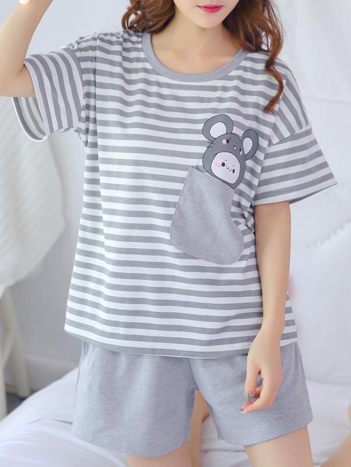 Romwe Cartoon Print Striped Tee & Shorts Pj Set