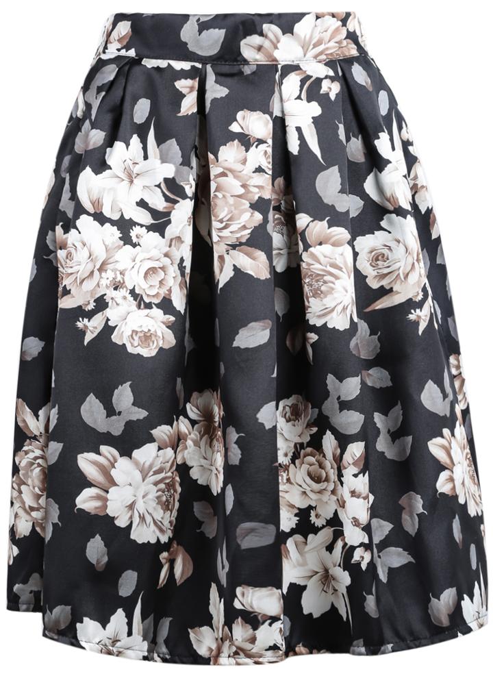 Romwe Black Floral Print Midi Skirt