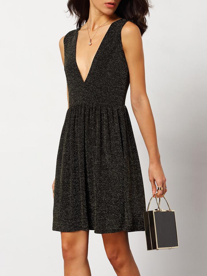 Romwe Deep V Neck Glittery Pleated Dress