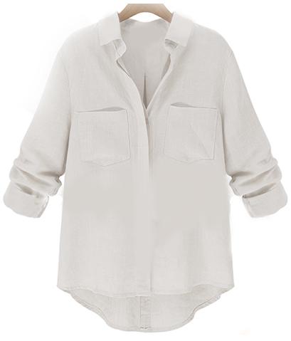 Romwe White Lapel Pockets Dipped Hem Blouse