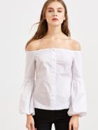 Romwe White Off The Shoulder Lantern Sleeve Button Down Blouse