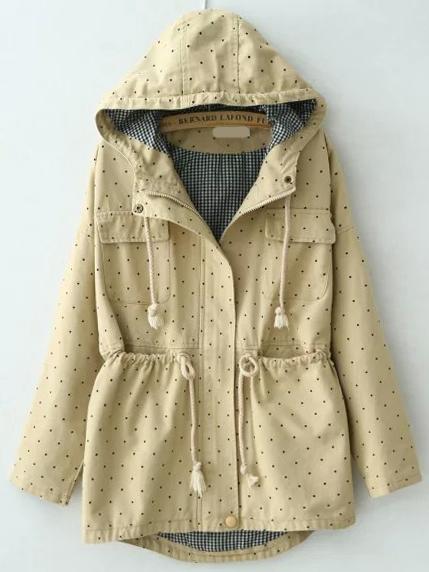 Romwe Hooded Polka Dot High Low Khaki Coat
