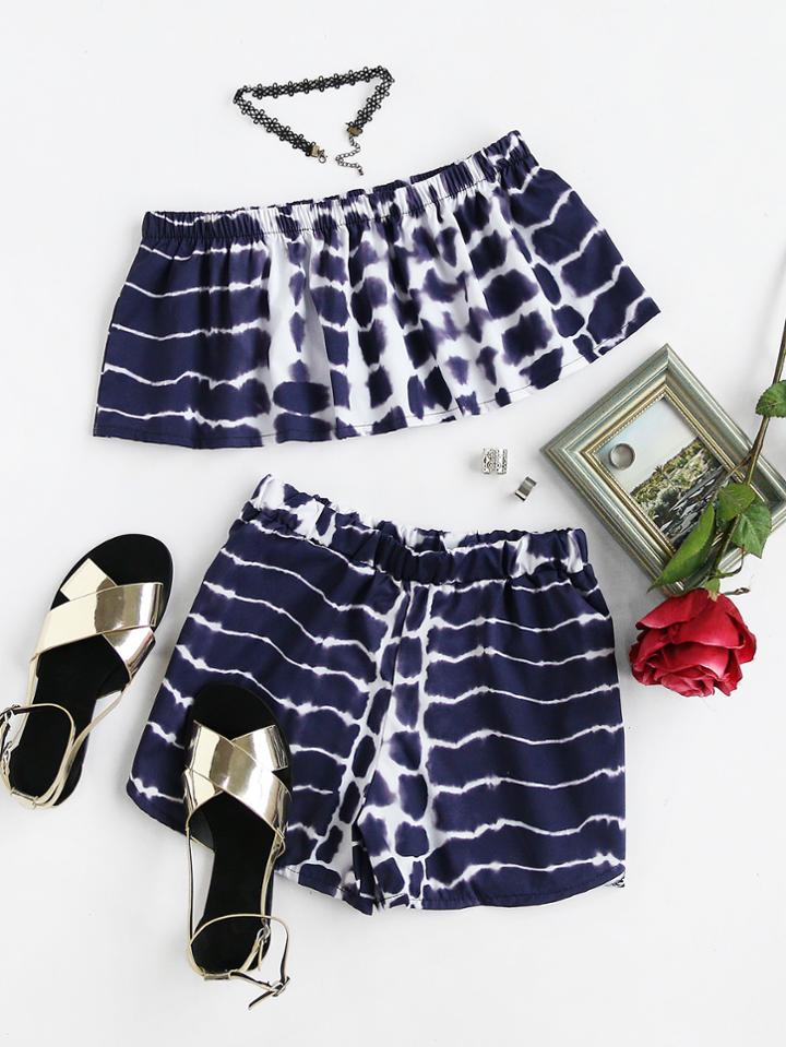Romwe Off Shoulder Printed Crop Top With Shorts