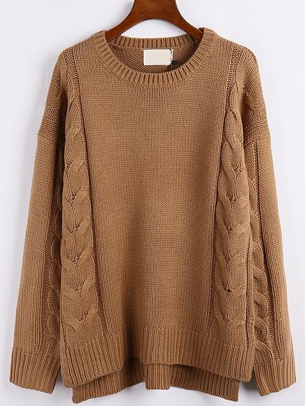 Romwe Dip Hem Cable Knit Khaki Sweater