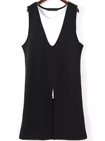 Romwe V Neck Split Black Dress