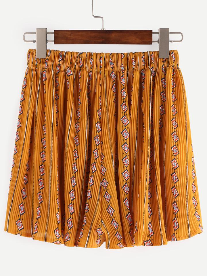 Romwe Elastic Waist Pleated Tribal Print Shorts - Yellow
