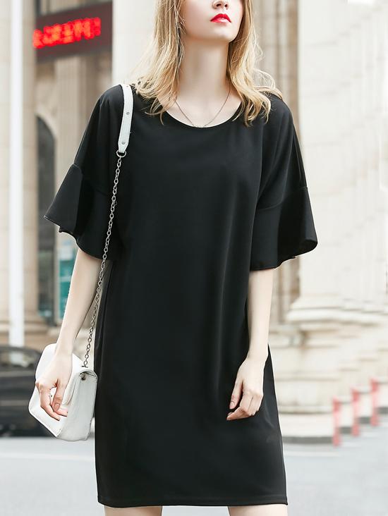 Romwe Ruffled Bell Sleeve Shift Dress - Black