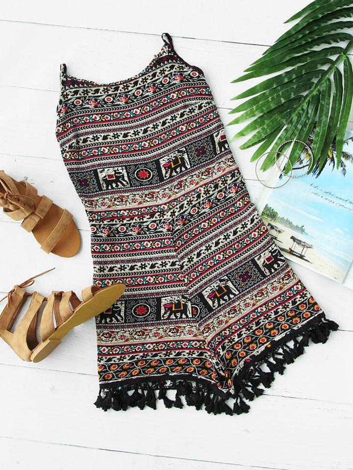 Romwe Aztec Print Tassel Hem Backless Cami Romper