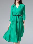Romwe Green V Neck Pleated Belted Dress