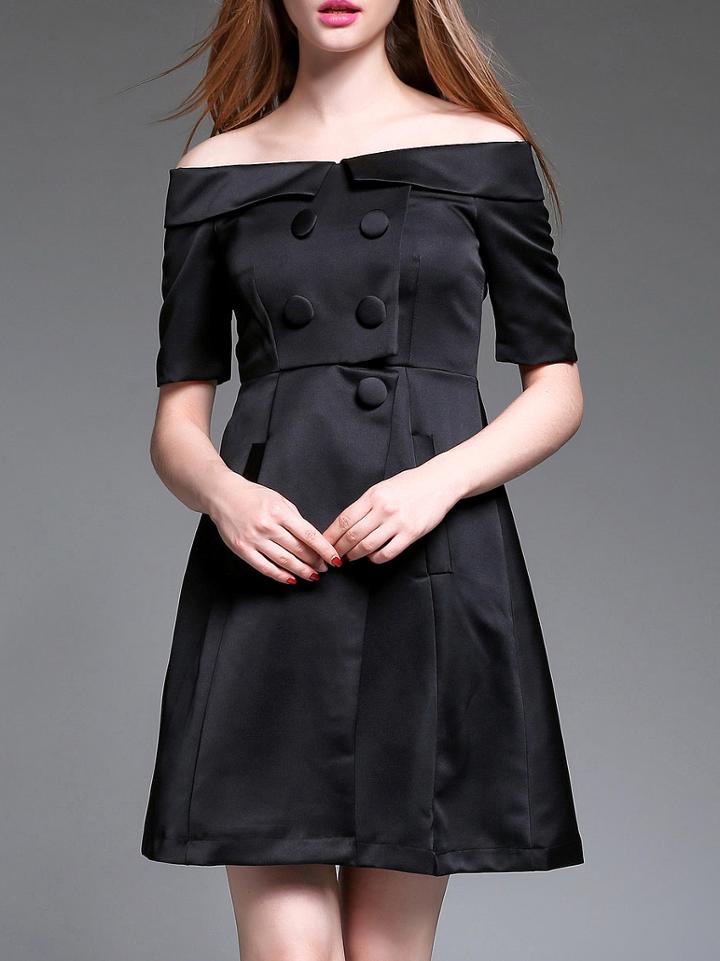 Romwe Black Off The Shoulder Pockets A-line Dress