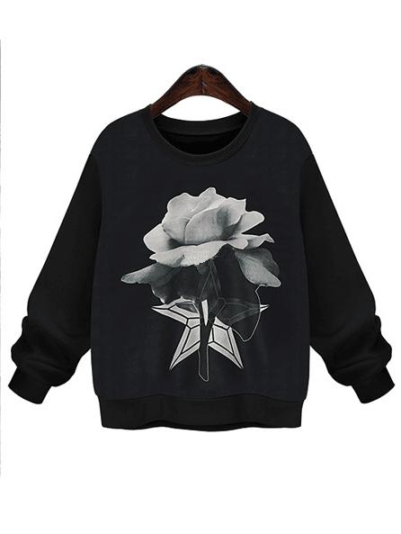 Romwe Flower Print Loose Black Sweatshirt