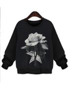 Romwe Flower Print Loose Black Sweatshirt