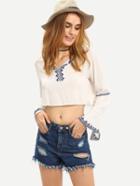 Romwe Embroiedery Slit Bell Sleeve Crop Top